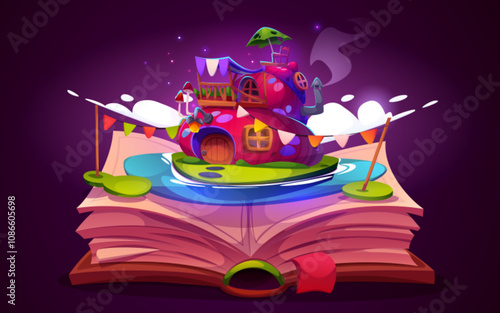 Open book with fantasy pumpkin house on pages isolated on black background. Vector cartoon illustration of storybook with fairytale dwarf hut on lake island, gnome story, reading hobby symbol
