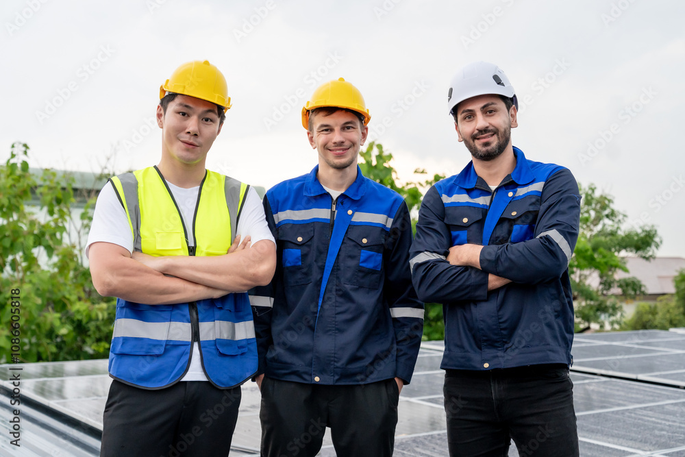 Portrait group of engineer team maintenancing photovoltaic panel system. Portrait group of engineer team maintenancing photovoltaic panel system.
