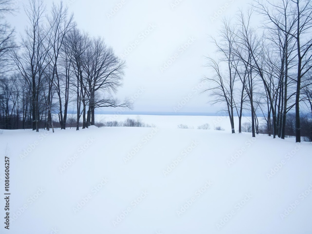 Empty snowy landscape with bare trees and a frozen horizon, bare trees, empty Empty snowy landscape with bare trees and a frozen horizon, bare trees, empty