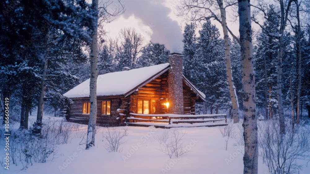 Cozy log cabin in snowy forest at dusk Cozy log cabin in snowy forest at dusk