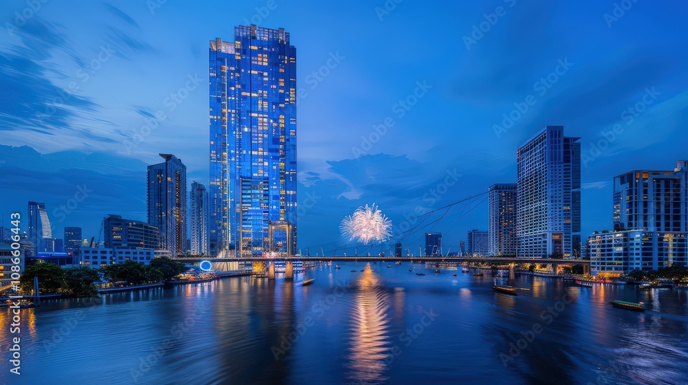 Obraz premium Stunning Cityscape with Fireworks at Dusk