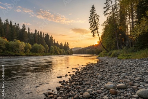 forest river at sunset with pebbles on shore, golden hour, pebble beach, forest ecosystem, tranquil environment, riverscape photo