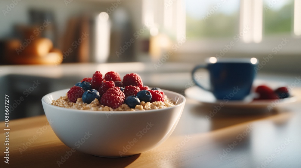 Serene Breakfast Moment: Oatmeal with Berries and Tea on Simple Table, Mindful Eating for Balanced Lifestyle | Realistic Food Photography with Negative Space Serene Breakfast Moment: Oatmeal with Berries and Tea on Simple Table, Mindful Eating for Balanced Lifestyle | Realistic Food Photography with Negative Space