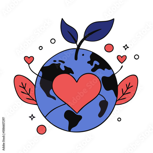 Illustration of the Earth with a heart and leaves, colorful concept for eco-friendly themes