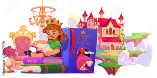 Little girl reading princess story book isolated on white background. Vector cartoon illustration of cute kid enjoying storybook, dreaming about medieval castle on floating island, pink throne, crown