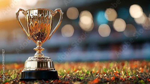 Golden trophy cup on grass