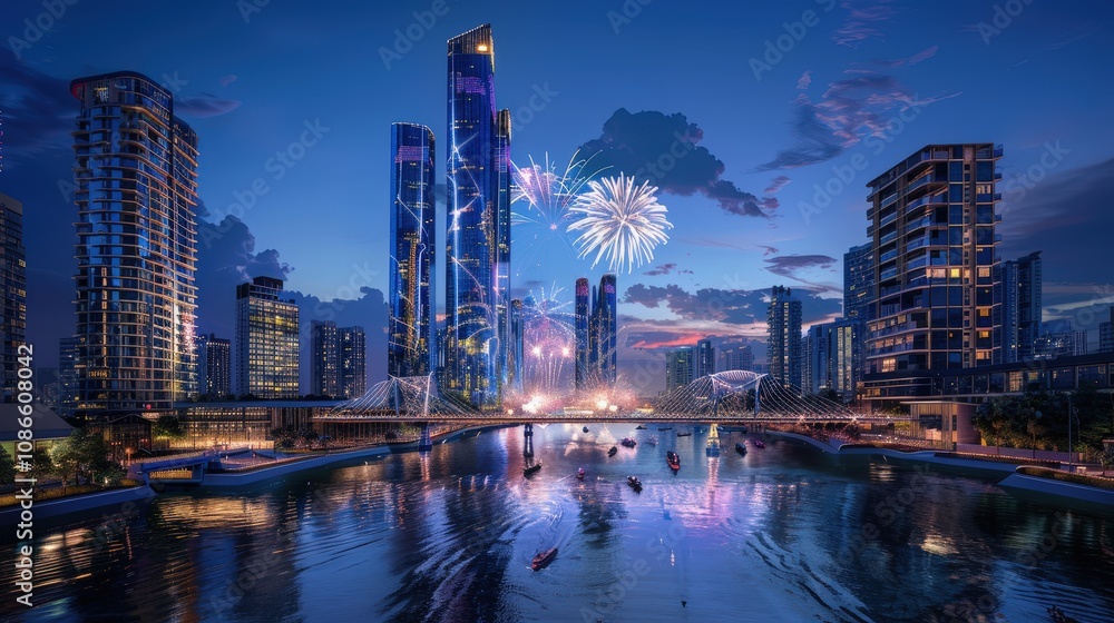 Obraz premium Vibrant Cityscape with Fireworks at Dusk