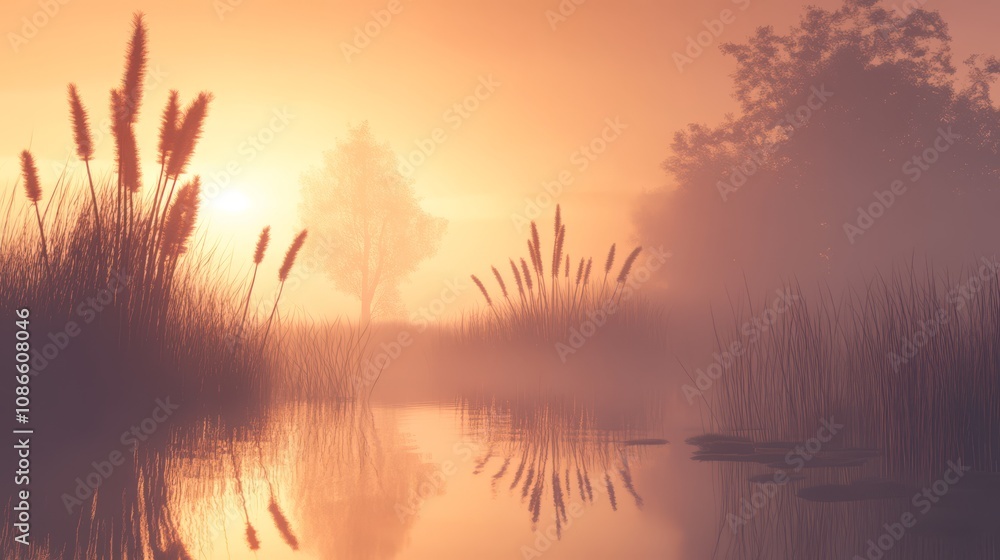 Fototapeta premium Misty sunrise over a still lake with tall grasses and a lone tree silhouetted in the distance.