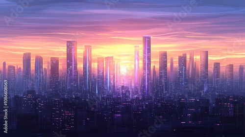 Futuristic metropolis under twilight sky with vibrant purple and blue neon signs reflecting off glass skyscrapers, aerial view