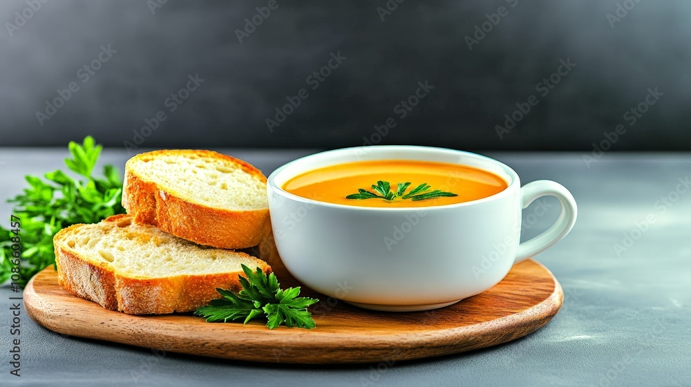 A freshly prepared bowl of creamy vegan tomato soup served with crusty bread and garnished with fresh herbs A freshly prepared bowl of creamy vegan tomato soup served with crusty bread and garnished with fresh herbs