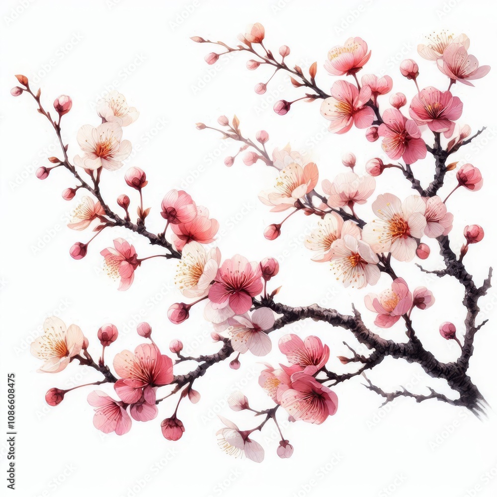 Branch of cherry blossoms with pink flowers and buds. Japanese floral illustration symbolizing the spring season in watercolor style isolated on white background Branch of cherry blossoms with pink flowers and buds. Japanese floral illustration symbolizing the spring season in watercolor style isolated on white background