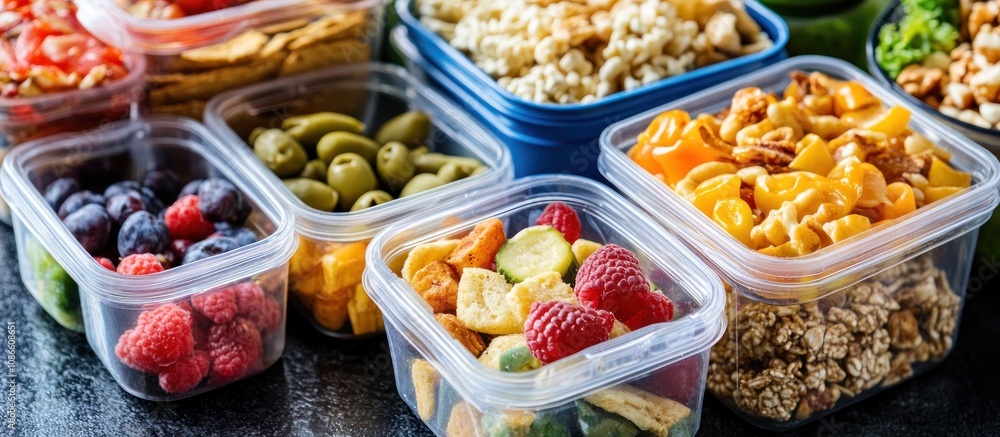 Set of lunch containers with various snacks packed neatly, Set of lunch containers with various snacks packed neatly,