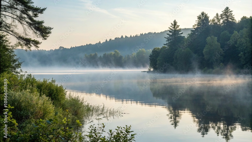 Fototapeta premium Peaceful morning mist rises over a tranquil lake, creating a soft white fog on the calm water's surface, mist, reflective, peaceful morning