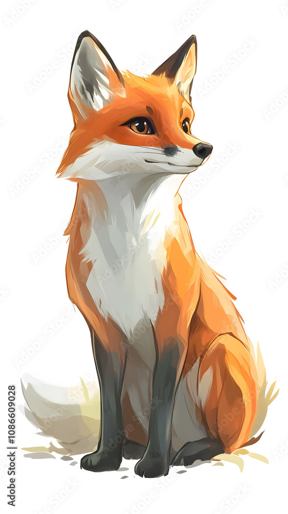 A cute red fox sitting with a fluffy tail in a cartoon A cute red fox sitting with a fluffy tail in a cartoon