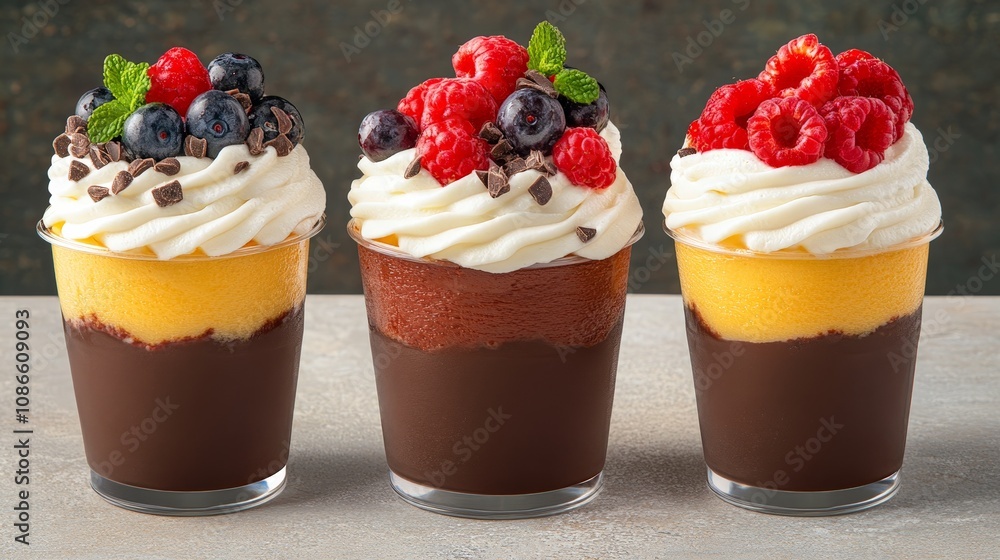 A trio of small dessert cups featuring flavors like chocolate mousse, berry compote, and vanilla cream, arranged on a glass tray A trio of small dessert cups featuring flavors like chocolate mousse, berry compote, and vanilla cream, arranged on a glass tray