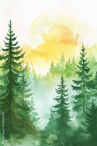 Watercolor Green Pine Forest at Sunrise for Digital Journal Generative AI