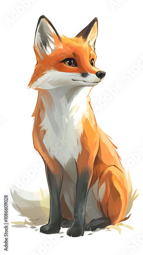 A cute red fox sitting with a fluffy tail in a cartoon