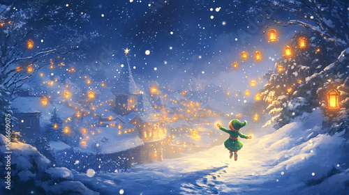 Christmas Elf Flying Through the Night Sky, Guided by a Trail of Glowing Lanterns in a Snowy Wonderland 