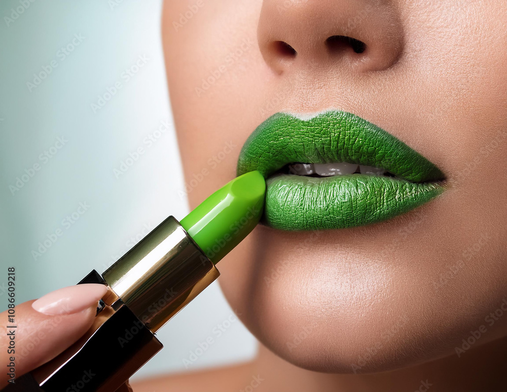 Grüner Lippenstift wird aufgetragen