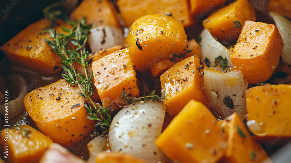 A flavorful autumn stew with roasted pumpkin, carrots, onions, and a mix of savory herbs, perfect for a chilly evening. A flavorful autumn stew with roasted pumpkin, carrots, onions, and a mix of savory herbs, perfect for a chilly evening.