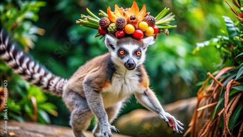 A Ring-tailed Lemur Wearing a Crown of Fruit and Flowers photo