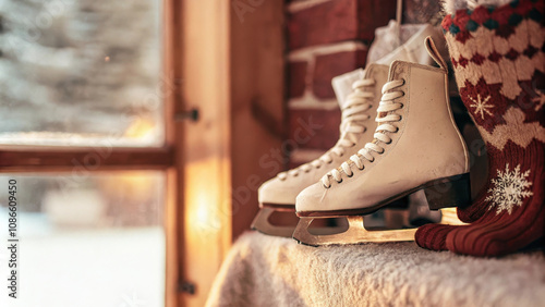 Close-up of ice skates in calm tones. Winter sport photo