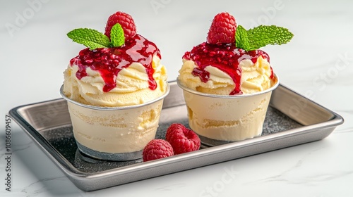 Small cups of panna cotta with a raspberry coulis topping, served with a sprig of mint on a sleek silver tray