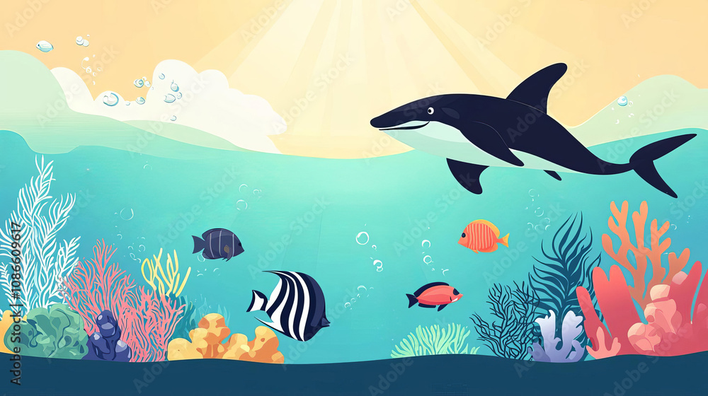 Fototapeta premium Underwater scene featuring shark swimming among colorful fish and vibrant coral reefs, showcasing beauty of marine life and natural harmony