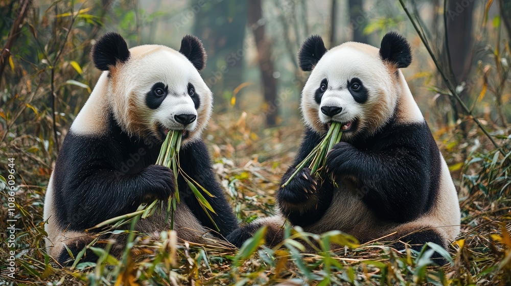 Two Pandas Enjoying a Bamboo Meal in a Lush Forest Two Pandas Enjoying a Bamboo Meal in a Lush Forest
