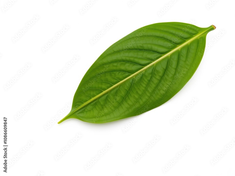 Single green cocoa leaf unfolds on a crisp white background, showcasing its intricate veins and delicate texture, tropical, leafy greens, green cocoa leaf Single green cocoa leaf unfolds on a crisp white background, showcasing its intricate veins and delicate texture, tropical, leafy greens, green cocoa leaf