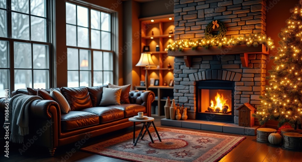 A warm living room with stone fireplace, leather sofa, and tree with golden lights and natural garlands. Frosty windows frame softly falling snow outside. A warm living room with stone fireplace, leather sofa, and tree with golden lights and natural garlands. Frosty windows frame softly falling snow outside.
