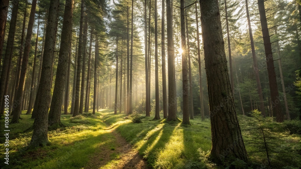Soft focus captures the serene beauty of a forest illuminated by dappled sunlight, leafy branches, peaceful atmosphere Soft focus captures the serene beauty of a forest illuminated by dappled sunlight, leafy branches, peaceful atmosphere