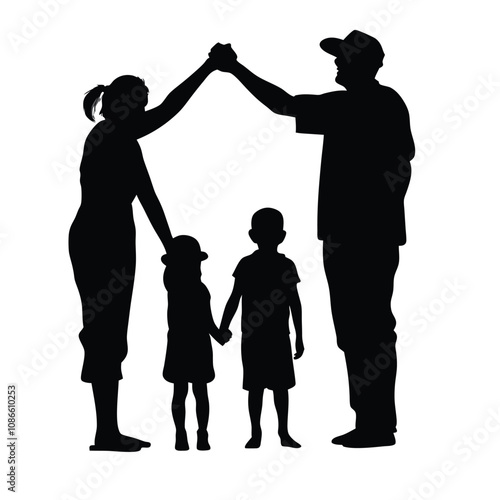 A family of four is holding hands. The father is wearing a hat. The mother is holding the hands of the two children