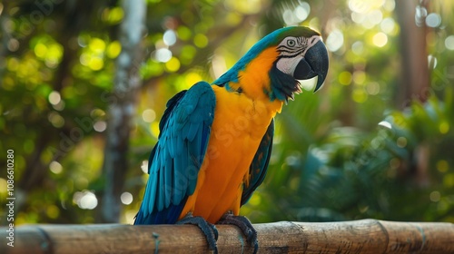 Macaw resting on a wooden fence in the Caribbean, vibrant colors captured in natural light, expertly post-processed with color grading, HD wildlife photography, 8K resolution, with depth of field photo