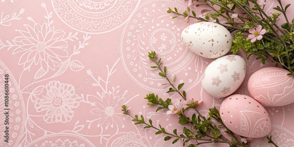 Soft pink background with intricate floral patterns and pastel-colored Easter eggs surrounded by delicate greenery, pastel colors, springtime elegance, spring decor, vintage charm Soft pink background with intricate floral patterns and pastel-colored Easter eggs surrounded by delicate greenery, pastel colors, springtime elegance, spring decor, vintage charm