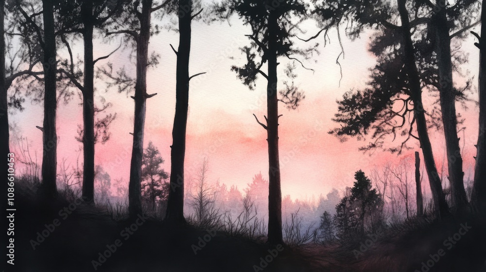 Fototapeta premium Silhouetted forest trees stand against a serene pink and purple sunset sky, AI