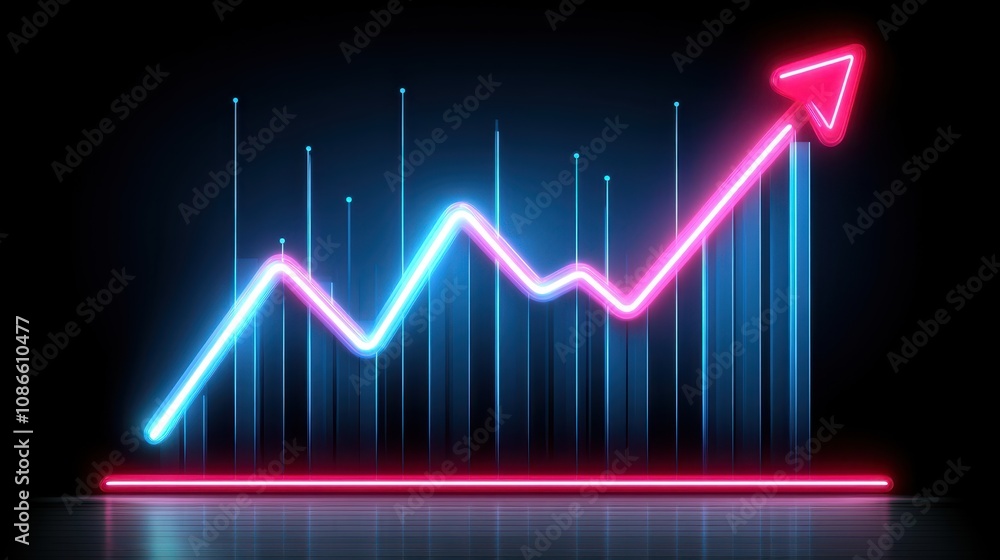 Fototapeta premium Luminous neon arrow, symbol of growth, progress and upward motion towards success