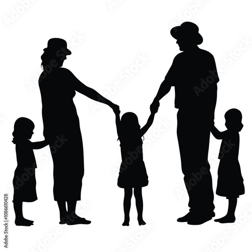 A family of four is holding hands. The father is wearing a hat. The mother is holding the hands of the two children