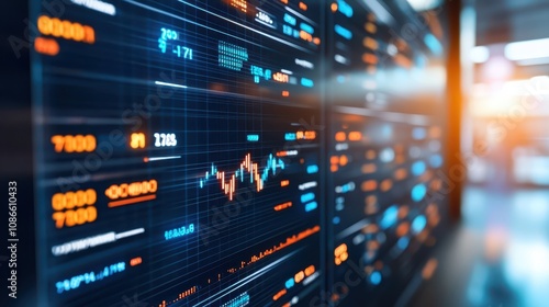 Stock market trading chart displayed on wall, visualizing financial data analysis, investment trends and insights