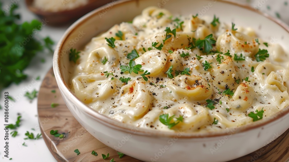 Creamy pasta dish topped with fresh herbs, served in a rustic bowl, perfect for comfort food lovers. Creamy pasta dish topped with fresh herbs, served in a rustic bowl, perfect for comfort food lovers.