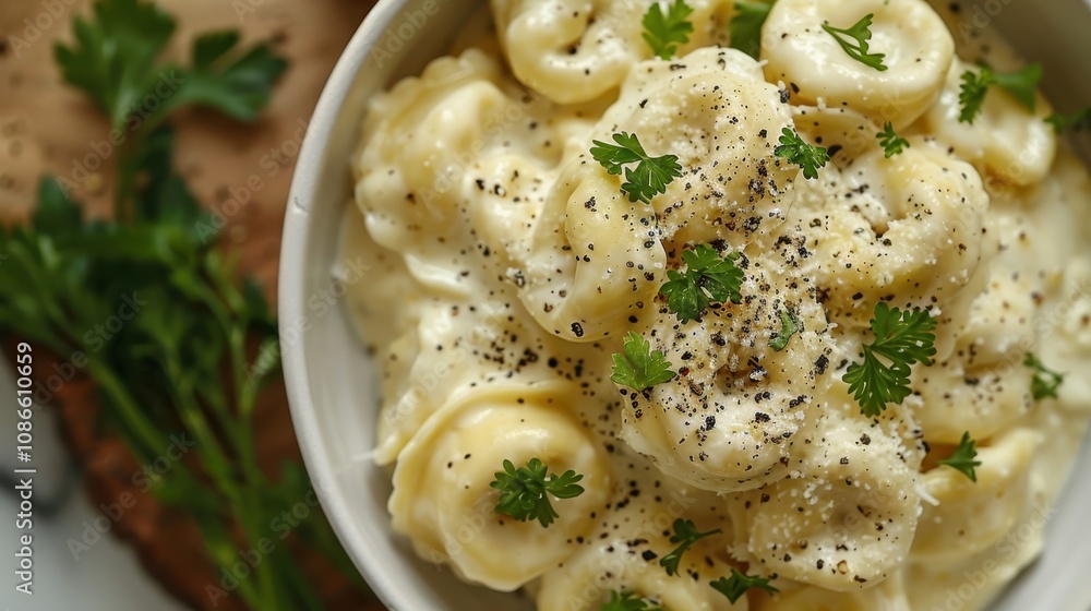 Creamy tortellini pasta topped with fresh parsley and black pepper in a bowl, served alongside a slice of bread. Creamy tortellini pasta topped with fresh parsley and black pepper in a bowl, served alongside a slice of bread.