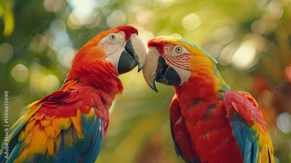 Macaw interacting with another bird in the Caribbean, captured in natural light, vivid colors enhanced through post-processing and color grading, HD wildlife photography, 8K quality, with depth of Macaw interacting with another bird in the Caribbean, captured in natural light, vivid colors enhanced through post-processing and color grading, HD wildlife photography, 8K quality, with depth of