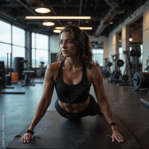 Fit woman stretching on a mat in a modern gym, focused and determined