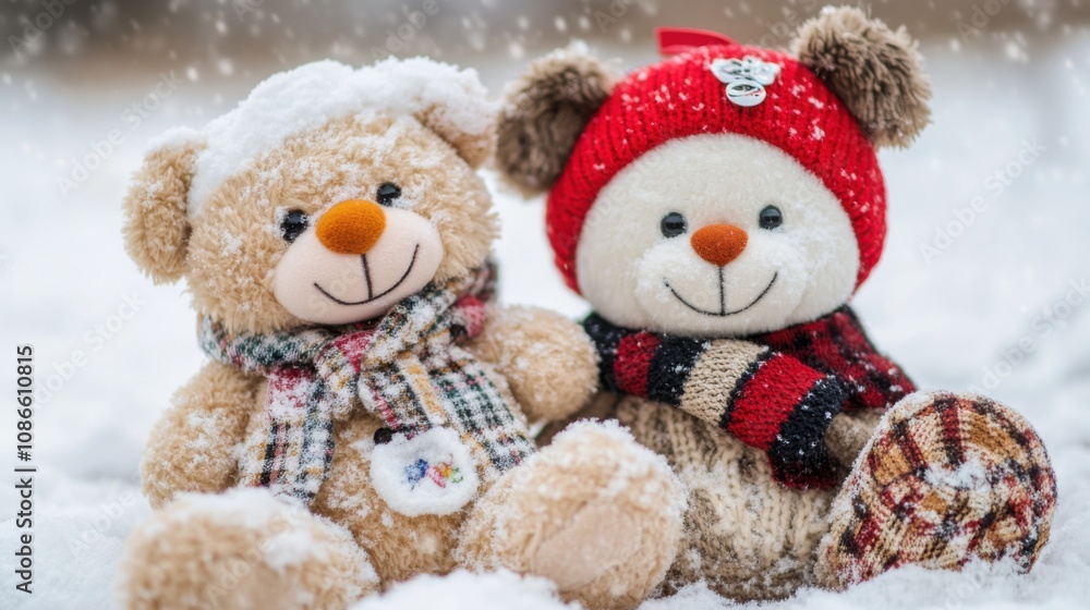 Two teddy bears in cozy scarves and hats enjoy a snowy winter day together, AI Two teddy bears in cozy scarves and hats enjoy a snowy winter day together, AI