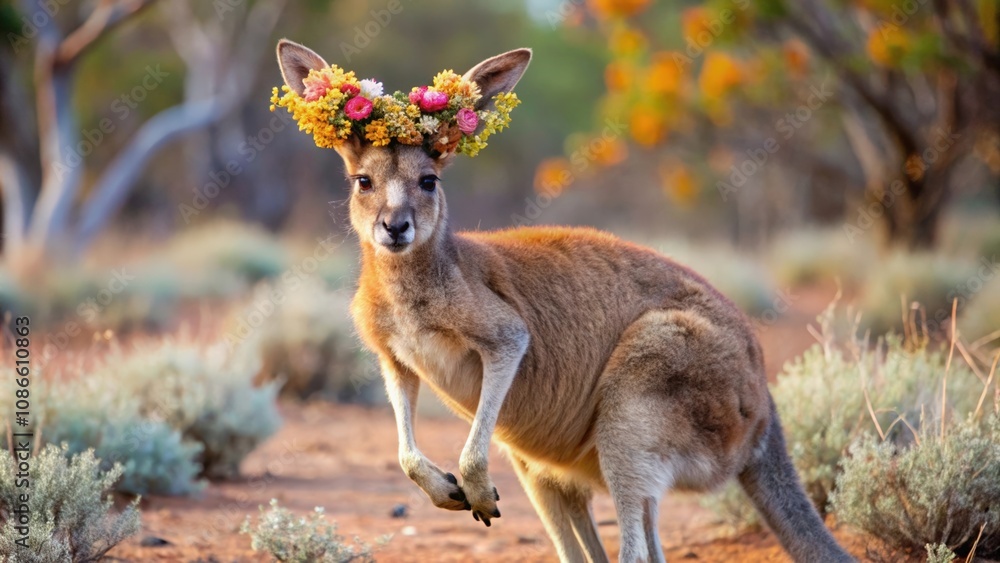 Fototapeta premium A Red Kangaroo Wearing a Flower Crown in a Natural Setting