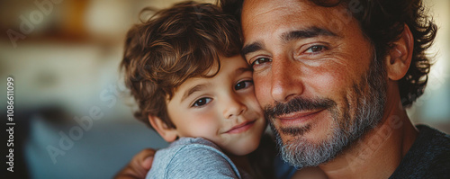 Close-up of a fathera??s loving gaze as he hugs his son tenderly photo