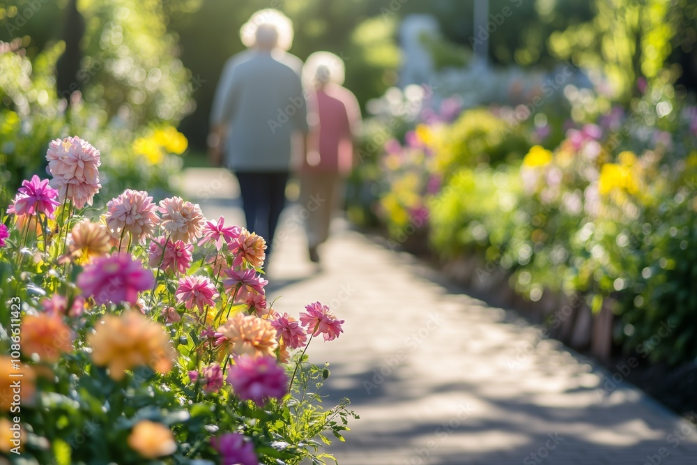 Fototapeta premium A vibrant garden scene at a care facility, featuring colorful flowers and a bright atmosphere, where an elderly person is strolling, providing a peaceful environment for residents