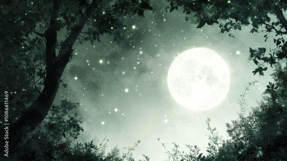 A luminous full moon illuminates a starry night sky through a canopy of trees, AI