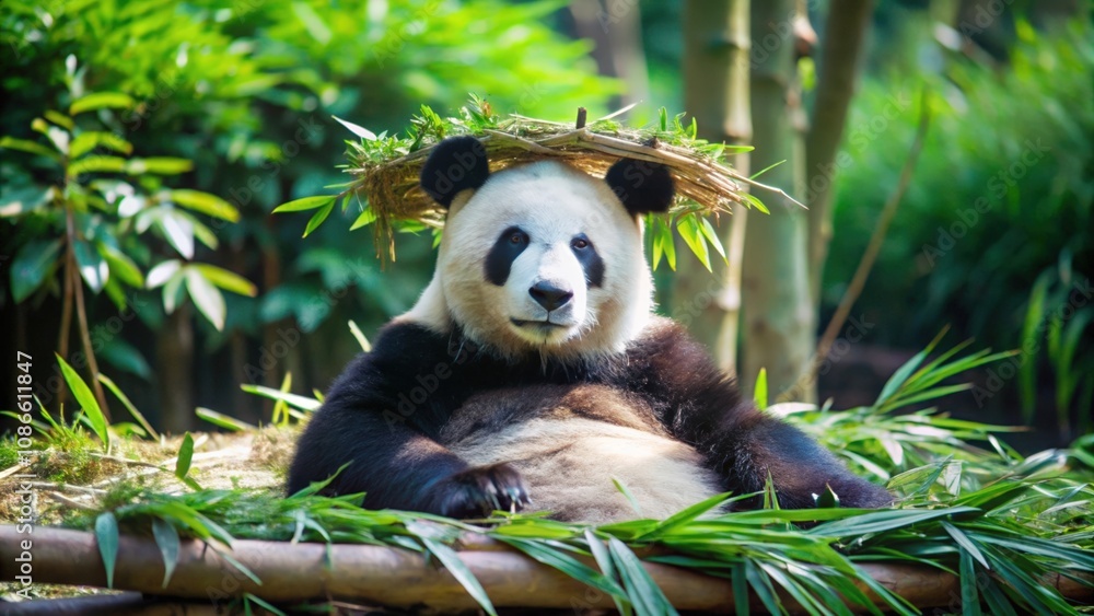 Obraz premium Giant Panda Wearing a Crown of Bamboo Leaves
