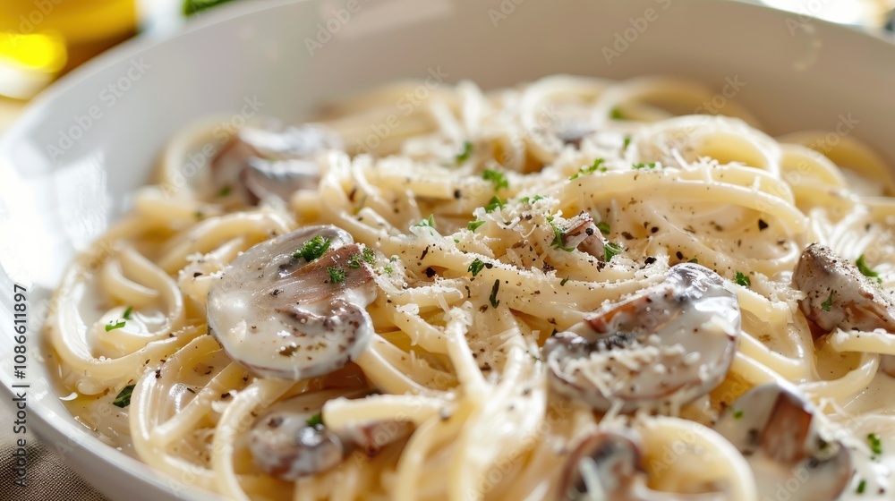 Creamy pasta dish with mushrooms, garnished with herbs and cheese, served in a bowl, showcasing a delightful Italian meal. Creamy pasta dish with mushrooms, garnished with herbs and cheese, served in a bowl, showcasing a delightful Italian meal.